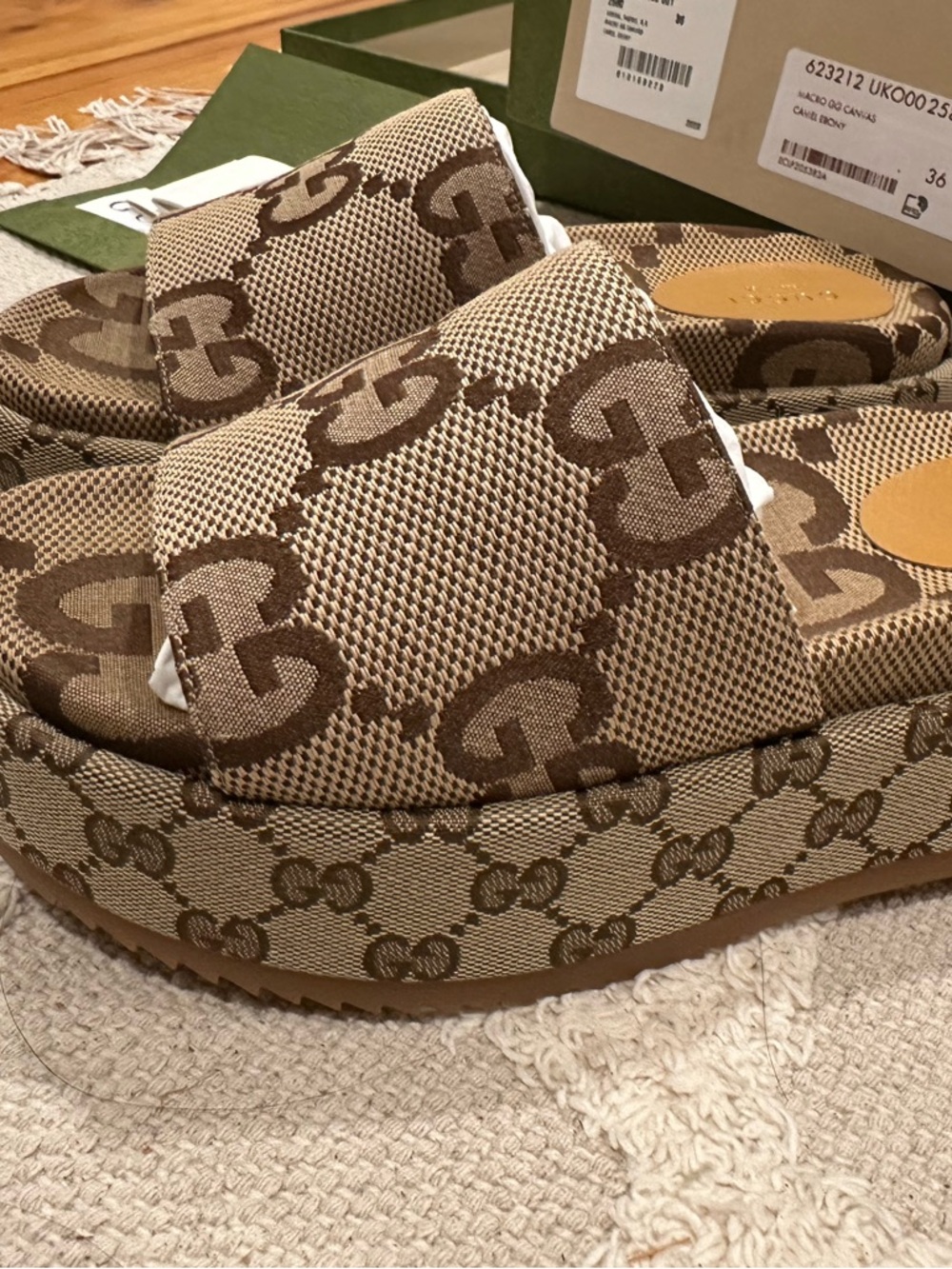 Gucci Camel Ebony GG Canvas Slide Sandals - Picture 2 of 7